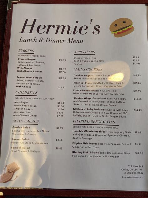 Menu at Hermie’s Diner restaurant, Orillia